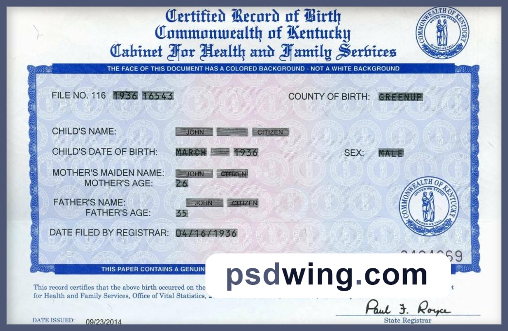 United States Commonwealth of Kentucky Birth Certificate